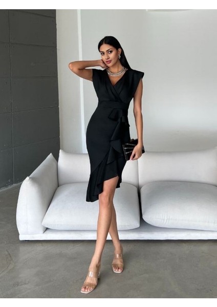 Rahat Scuba Kumaş Kruvaze Yaka Etek Kısmı Fırfırlı Midi Boy Şık Gece Kadın Elbise 1663