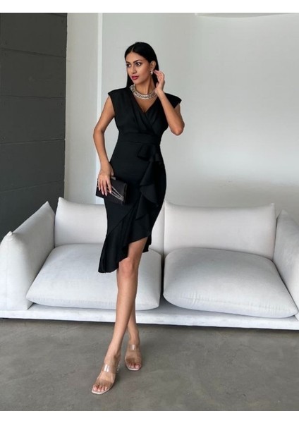 Rahat Scuba Kumaş Kruvaze Yaka Etek Kısmı Fırfırlı Midi Boy Şık Gece Kadın Elbise 1663 fırsatları