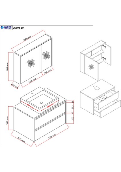 Karen Banyo Loon 80 cm Tezgah Üstü Lavabolu Banyo Dolabı Seti Komple Mdf
