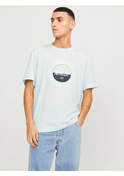 Erkek Logolu Bisiklet Yaka T-Shirt - Açık Mavi