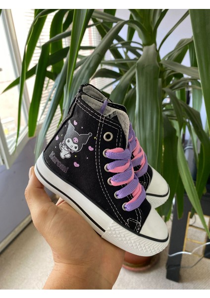 Kuromi Yıldız ve Kalp Baskılı Siyah Uzun Bilekli Günlük Spor Ayakkabı Sneaker