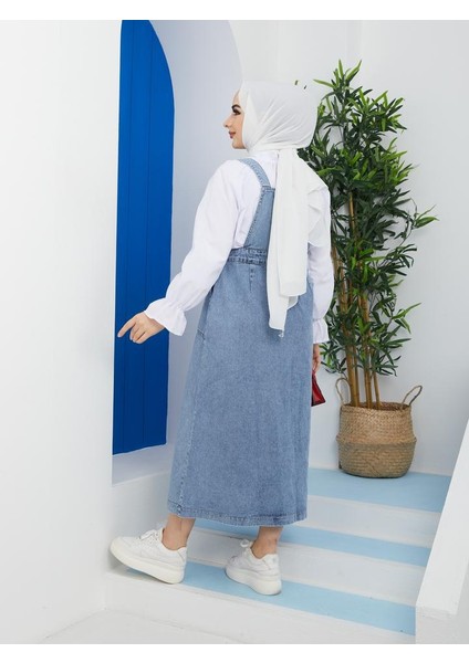 Kadın Kot Bahçıvan Salopet Uzun Kol Kare Yaka Düz Desen Mavi Renk fiyatları