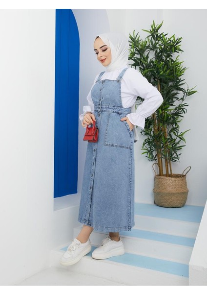 Kadın Kot Bahçıvan Salopet Uzun Kol Kare Yaka Düz Desen Mavi Renk modelleri