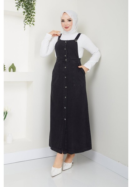 Kadın Kot Bahçıvan Salopet Uzun Kol Kare Yaka Düz Desen Siyah Renk