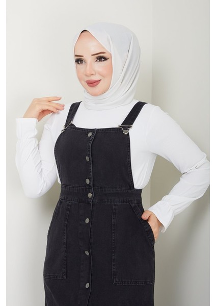 Kadın Kot Bahçıvan Salopet Uzun Kol Kare Yaka Düz Desen Siyah Renk fiyatları