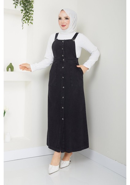 Kadın Kot Bahçıvan Salopet Uzun Kol Kare Yaka Düz Desen Siyah Renk modelleri