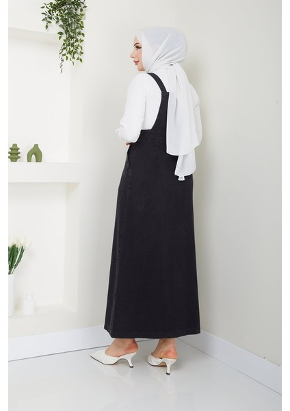 Kadın Kot Bahçıvan Salopet Uzun Kol Kare Yaka Düz Desen Siyah Renk fırsatları