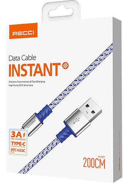 RTC-N33C Instant Serisi Usb-A To Type-C 3A Hızlı Şarj Özellikli Şarj ve Data Kablosu 2m Gümüş