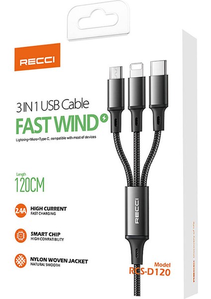 3in1 Çoklu Şarj Kablo RCS-D120 Fast Wind Serisi USB 1.2m Siyah