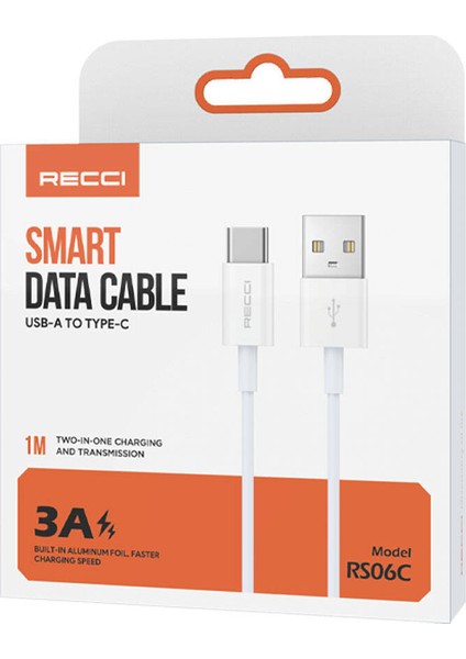 RS06C Type-C Şarj ve Data Kablo 3A Hızlı Şarj Özellikli USB To Type-C 1m Beyaz