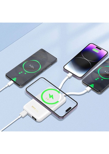 LED Dijital Göstergeli Magsafe Powerbank Recci RPB-W10 Polaris Seri Çift Kablolu 15W 10000MAH Beyaz