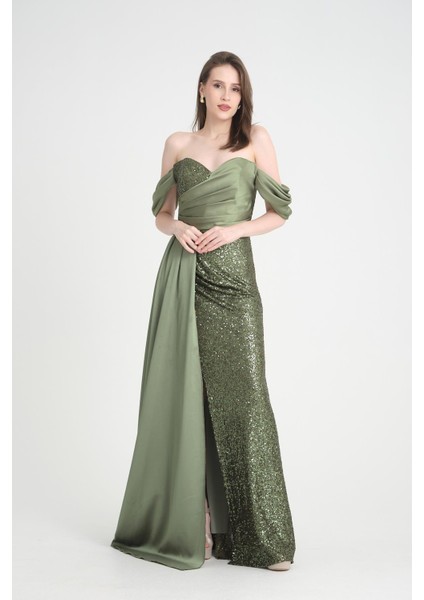 Saten Payet Detaylı Haki Uzun Abiye Elbise fiyatları