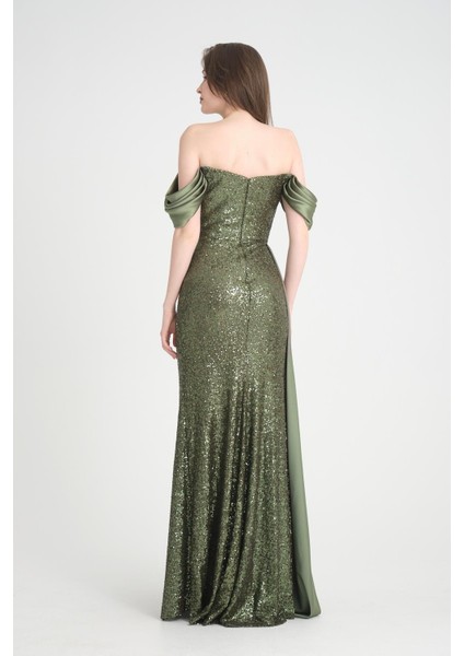 Saten Payet Detaylı Haki Uzun Abiye Elbise modelleri