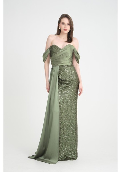 Saten Payet Detaylı Haki Uzun Abiye Elbise fırsatları
