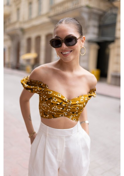 Taba Karpuz Kol Desenli Crop Bluz