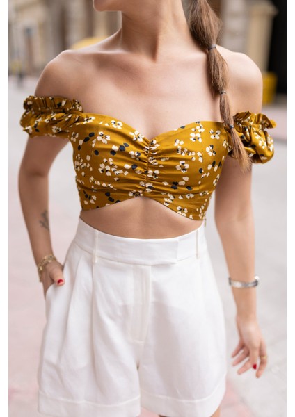 Taba Karpuz Kol Desenli Crop Bluz