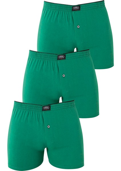 Erkek Yeşil Düğmeli Boxer 3'lü Paket %100 Pamuklu Penye