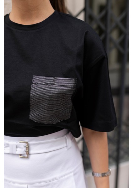 Siyah Crop Cep Detaylı Basic T-Shirt