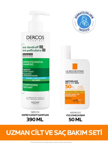 Uzman Cilt ve Saç Bakım Seti: Anthelios Yüz Güneş Kremi 50 ml & Dercos Şampuan 390 ml