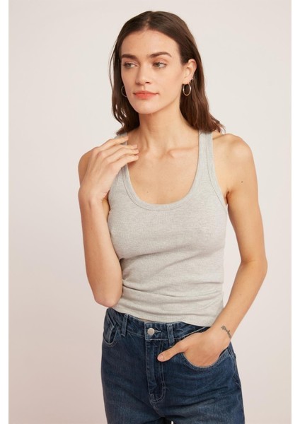 Kadın Fitilli Görünümlü Kalın Askılı Basic Gri Atlet