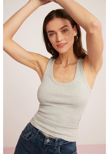 Kadın Fitilli Görünümlü Kalın Askılı Basic Gri Atlet fırsatları