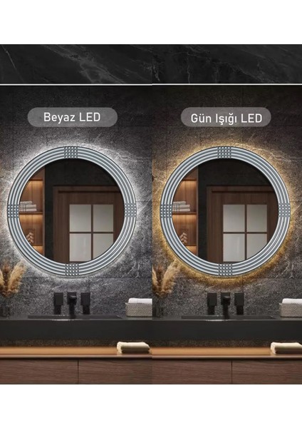 Led'li Işıklı Safir Gümüş Dekoratif Ayna Yuvarlak Ayna Işlemeli Ahşap Duvar Aynası Tekli