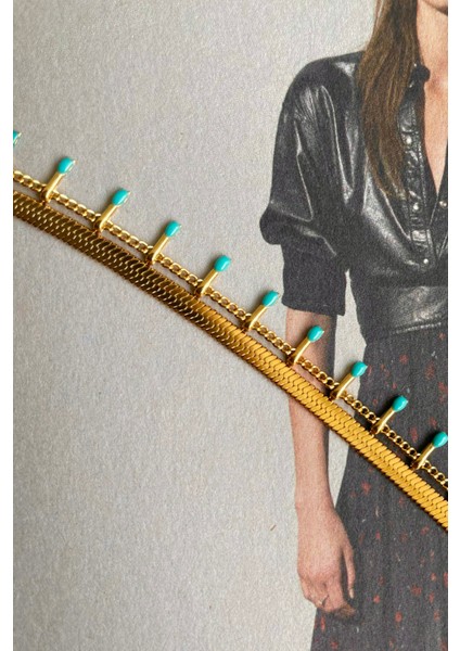 Kadın Çelik Italyan Zincirli Ikili Turkuaz Taşlı Bilekli