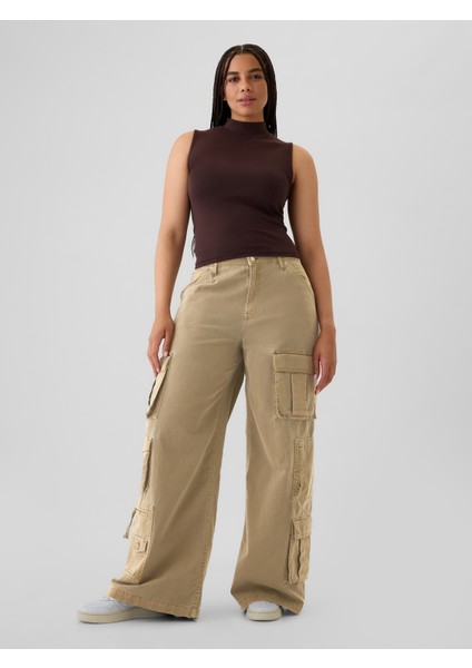 Kadın Bej Mid Rise Relaxed Kargo Pantolon indirimleri