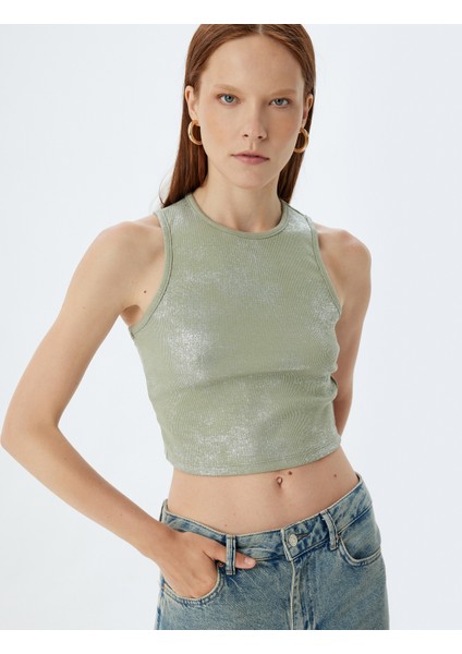 Halter Yaka Crop Atlet Fitilli Metalik Baskı Detaylı Pamuklu