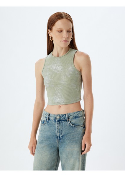 Halter Yaka Crop Atlet Fitilli Metalik Baskı Detaylı Pamuklu