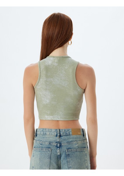 Halter Yaka Crop Atlet Fitilli Metalik Baskı Detaylı Pamuklu
