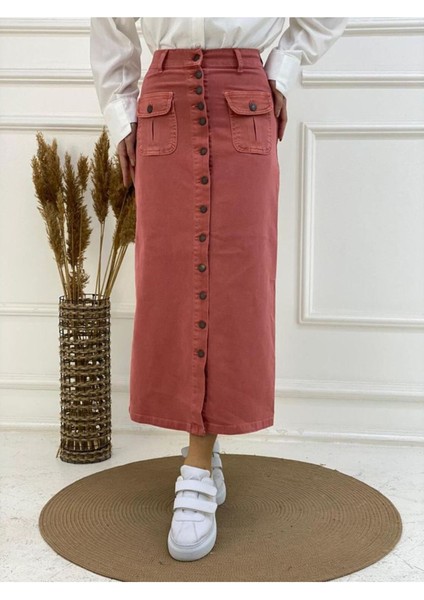 Boydan Düğmeli Körük Cepli Tesettür Etek indirimleri