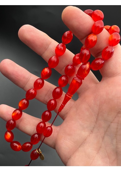 Sıkma Kehribar Tesbih Özel Kızıl Sedefli Arpa Model 9X12MM 33 Tane Sistemli Püskül SK010196.040824