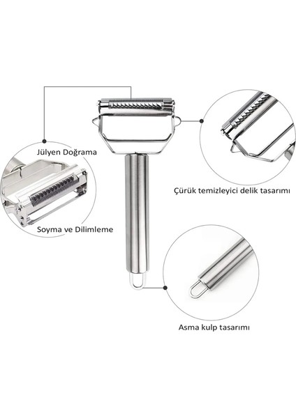 16563-11 Paslanmaz Çelik Inox Meyve Sebze Soyacak Çok Amaçlı Jülyen Dilimleyici - Gözenek Çıkarıcı