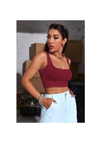 Askılı Kadın Crop Top Büstiyer, Kare Yaka Crop Top Büstiyer, Kalın Askılı Crop fırsatları