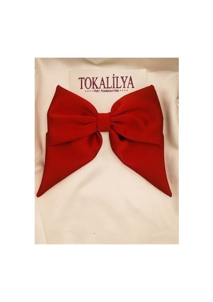Kadın Kırmızı Saten Fiyonk Klipsli Otomatik Toka