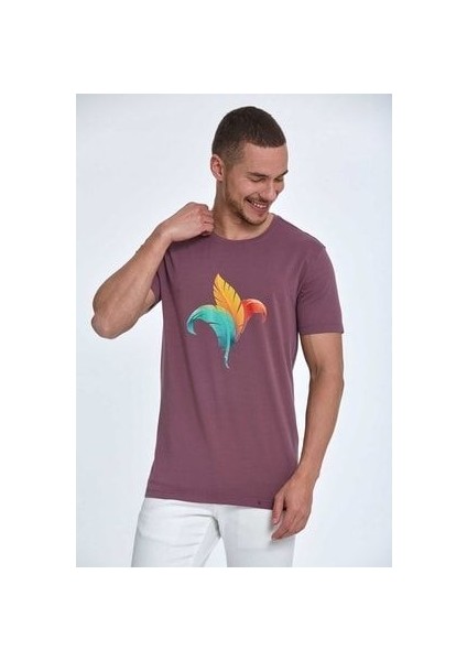 Kuş Tüyü Baskılı Pamuklu Erkek Tişört Plum