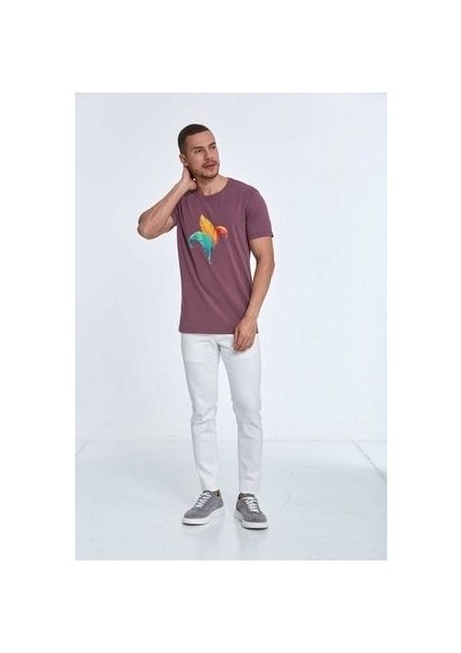 Kuş Tüyü Baskılı Pamuklu Erkek Tişört Plum fiyatları