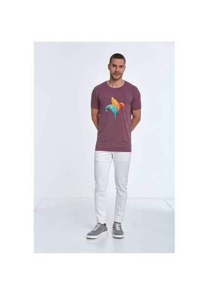 Kuş Tüyü Baskılı Pamuklu Erkek Tişört Plum modelleri