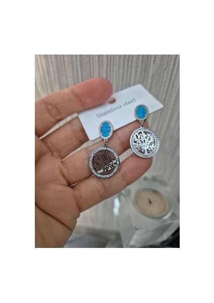 Hayat Ağacı Model Çelik Küpe Mavi Taşlı Gümüş Renk