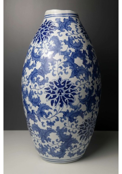 Blue Blanc Çiçek Desenli Seramik Vazo 40 Cm