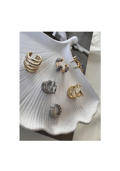 Kristal Taşlı Gold Kıkırdak Küpe-Earcuff