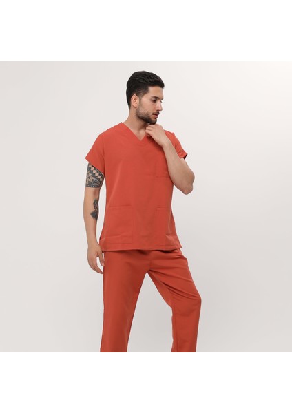 Thin Flex V Yaka Yarasa Kol Kiremit Likralı Terikoton Erkek Hemşire Forma Takımı
