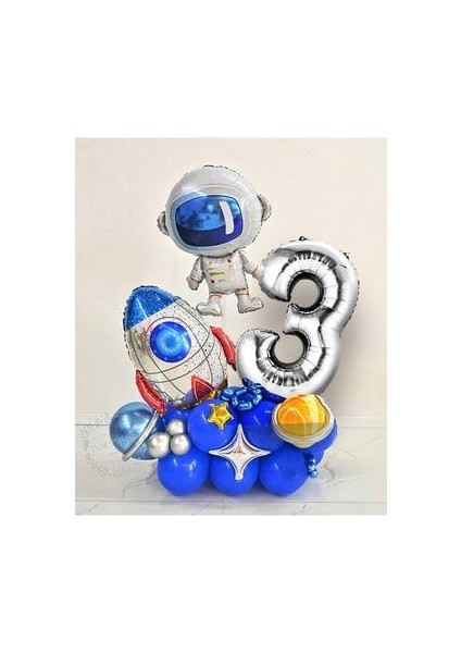 Astronot Roket Uzay Temalı Gümüş Rakam Balonlu Karşılama Seti