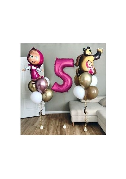 Lisanslı Büyük Boy Maşa ile Koca Ayı Balon Seti Maşa Balon 100CM Rakam Balon