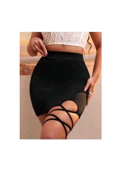 Kadın Bacak Bağlama Ipli Tarz Yüksek Bel Mini Etek fırsatları