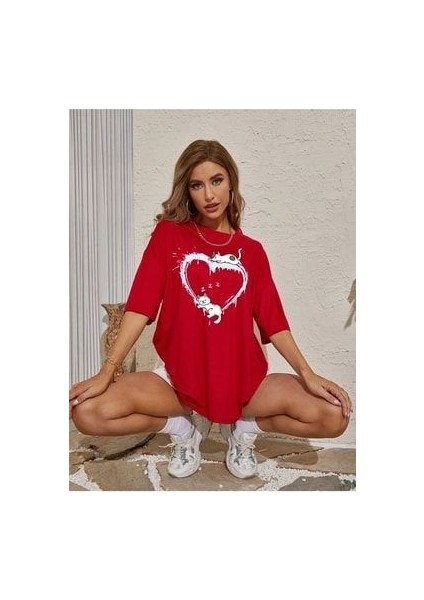 Cats Baskılı Kadın Oversize/boyfirend Kırmızı T-Shirt