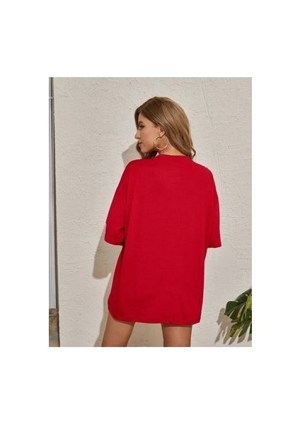 Cats Baskılı Kadın Oversize/boyfirend Kırmızı T-Shirt