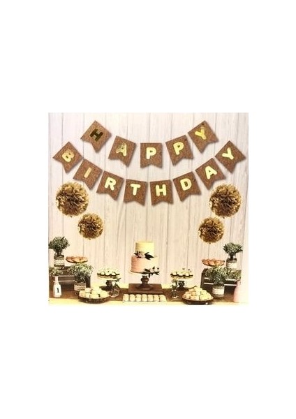 Happy Birthday Banner Kraft Üstüne Gold Altın Sarısı Yaldızlı