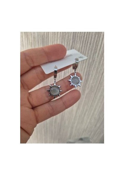 Güneş Model Çelik Küpe Zirkon Doğal Sedef Taşlı Model